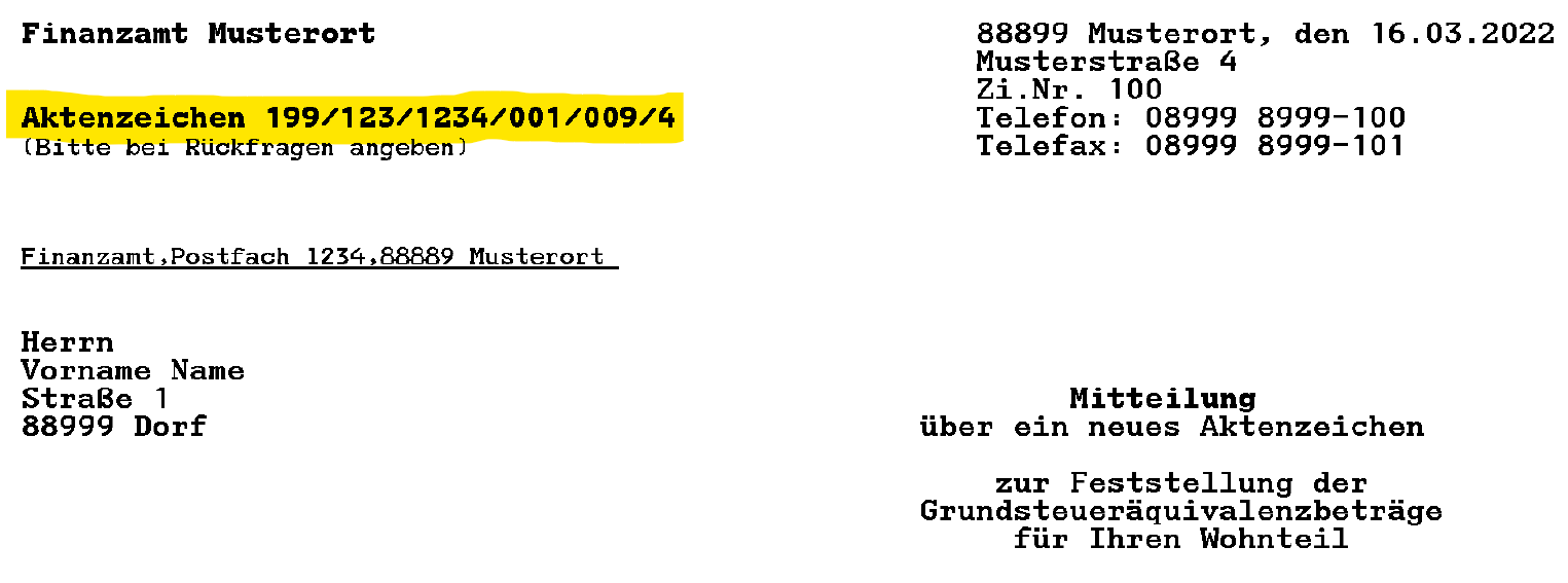 Abbildung Mitteilung über ein neues Aktenzeichen mit hervorgehobenem Aktenzeichen