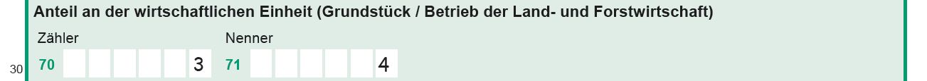 Abbildung Zeile 30 aus Hauptvordruck mit Eintrag '3' in Feld 'Zähler' (70) und Eintrag '4' in Feld 'Nenner' (71)